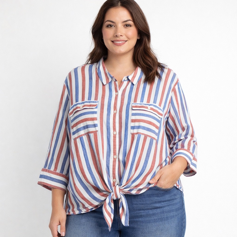 Westbound Woman Striped Tie Front Button Blouse Red Blue White Size 3X